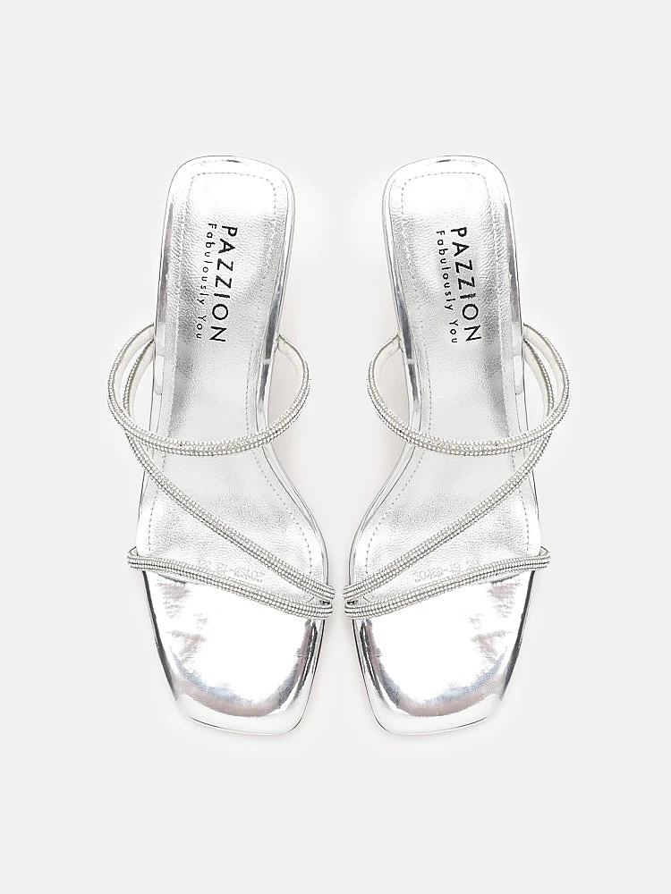 Stacey Strappy Silver Sparkly Open Toe Heels - Image 4